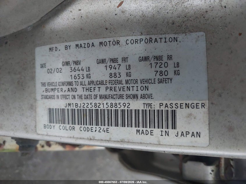 2002 Mazda Protege VIN JM1BJ225821588592 IAAI salvage auction — NORMAL WEAR, Clear (Florida), sold $25 on 2026-07-15 (photo 9)