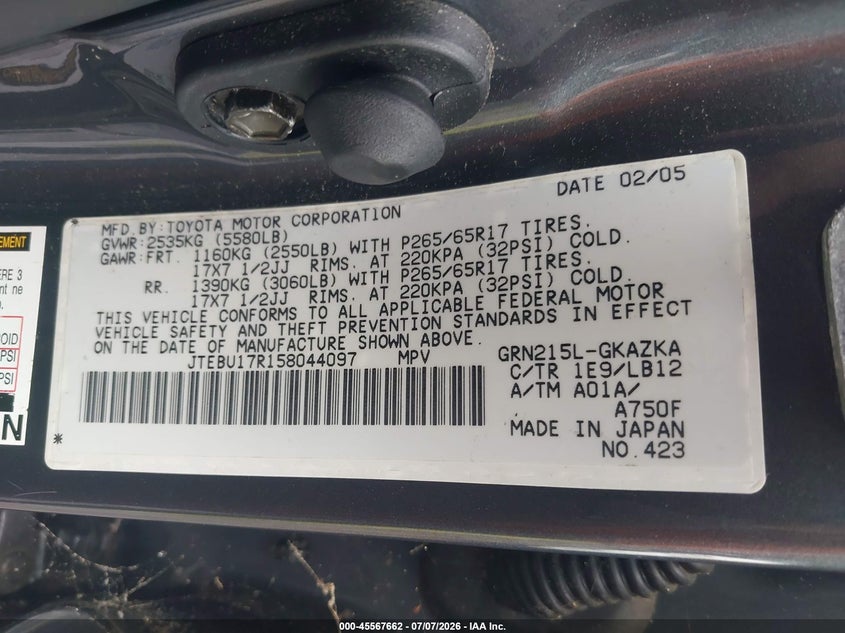 2005 Toyota 4runner VIN JTEBU17R158044097 IAAI salvage auction — NORMAL WEAR, Clear (Maryland), sold $5,475 on 2026-07-29 (photo 9)