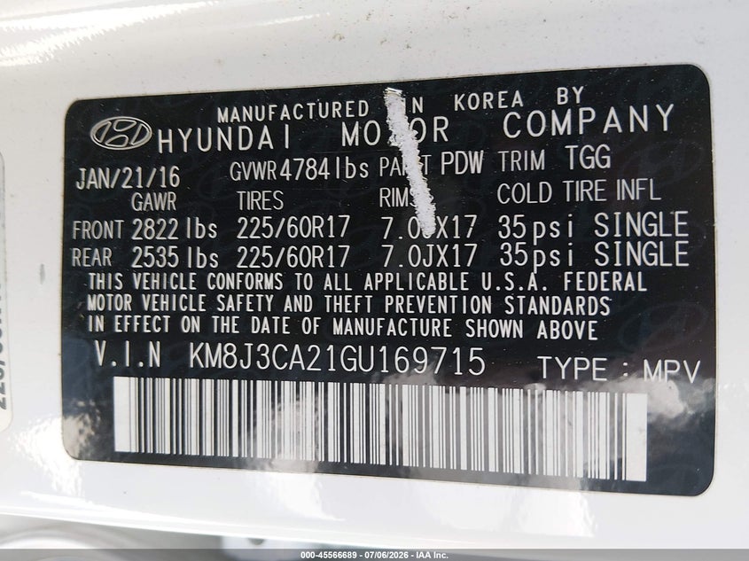 2016 Hyundai Tucson VIN KM8J3CA21GU169715 IAAI salvage auction — NORMAL WEAR, Clear (Washington), sold $1,650 on 2026-07-29 (photo 9)