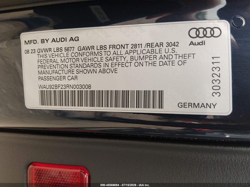 2024 Audi A6 allroad VIN WAU92BF23RN003008 IAAI salvage auction — REAR END, Salvage (New Hampshire), sold $16,825 on 2026-09-08 (photo 9)