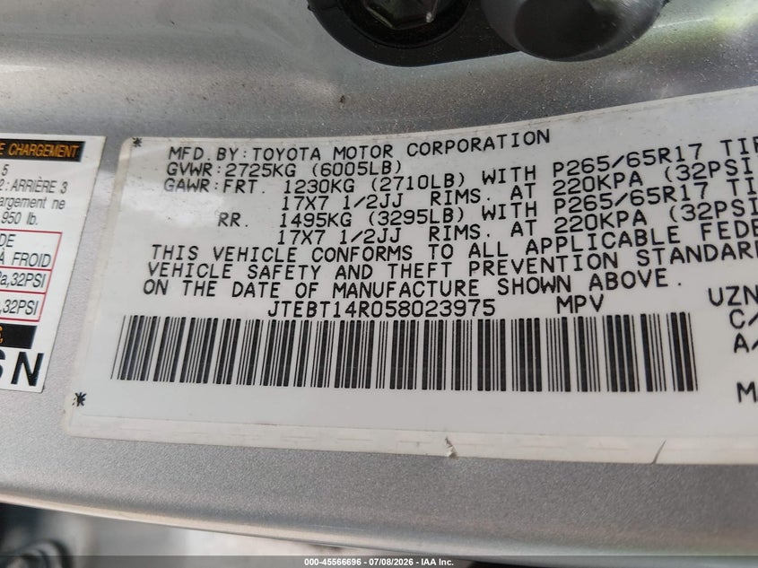 2005 Toyota 4runner VIN JTEBT14R058023975 IAAI salvage auction — FRONT END, Clear (Virginia), sold $3,350 on 2026-07-19 (photo 9)