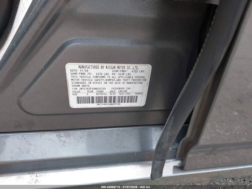 2010 Infiniti G37 VIN JN1CV6AP4AM400749 IAAI salvage auction — FRONT & REAR, Rebuildable (Florida), sold $325 on 2026-07-29 (photo 9)