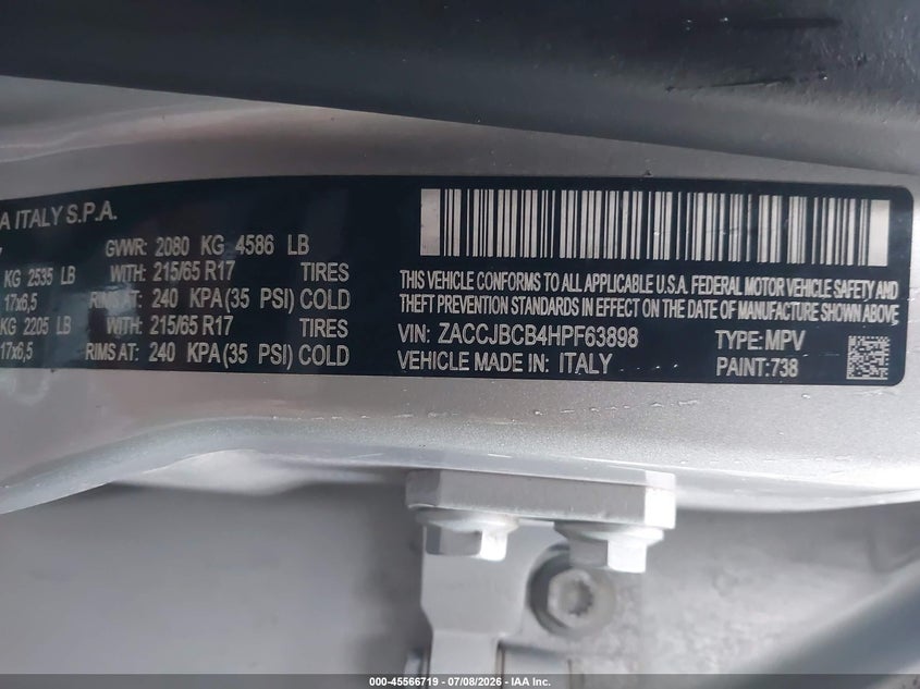 2017 Jeep Renegade VIN ZACCJBCB4HPF63898 IAAI salvage auction — NORMAL WEAR, Clear (Virginia), sold $1,100 on 2026-07-21 (photo 9)