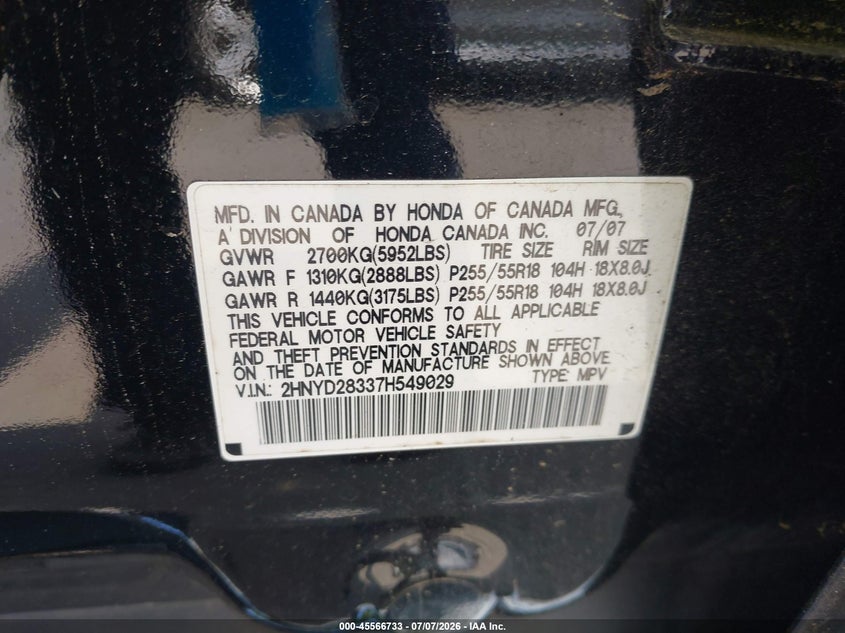 2007 Acura Mdx VIN 2HNYD28337H549029 IAAI salvage auction — NORMAL WEAR, Repossession Paperwork (Georgia), sold $600 on 2026-07-11 (photo 9)