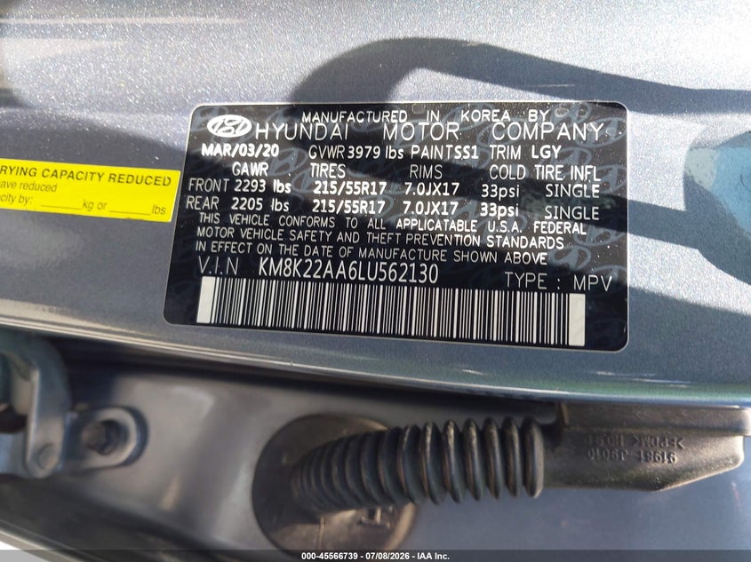 2020 Hyundai Kona VIN KM8K22AA6LU562130 IAAI salvage auction — RIGHT FRONT, Salvage Certificate (California), sold $2,650 on 2026-07-29 (photo 9)