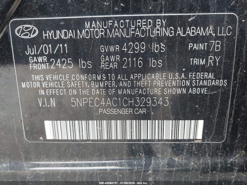 2012 Hyundai Sonata VIN 5NPEC4AC1CH329343 IAAI salvage auction — NORMAL WEAR, Original (Maine), sold $325 on 2026-07-13 (photo 9)