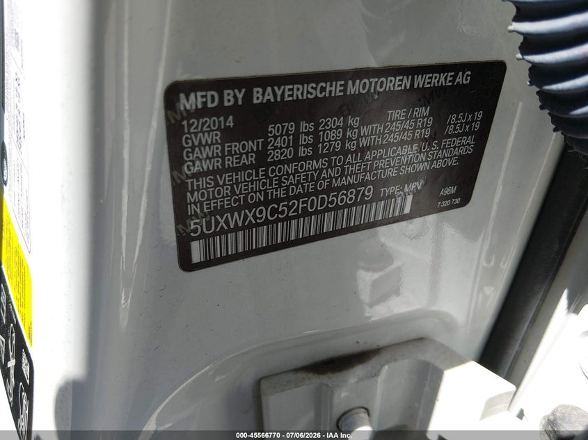 2015 BMW X3 VIN 5UXWX9C52F0D56879 IAAI salvage auction — NORMAL WEAR, Salvage Title, sold $4,800 on 2026-07-16 (photo 9)