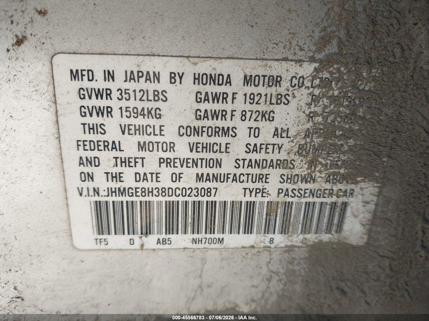 2013 Honda Fit VIN JHMGE8H38DC023087 IAAI salvage auction — NORMAL WEAR, Clear (Washington), sold $400 on 2026-07-29 (photo 9)