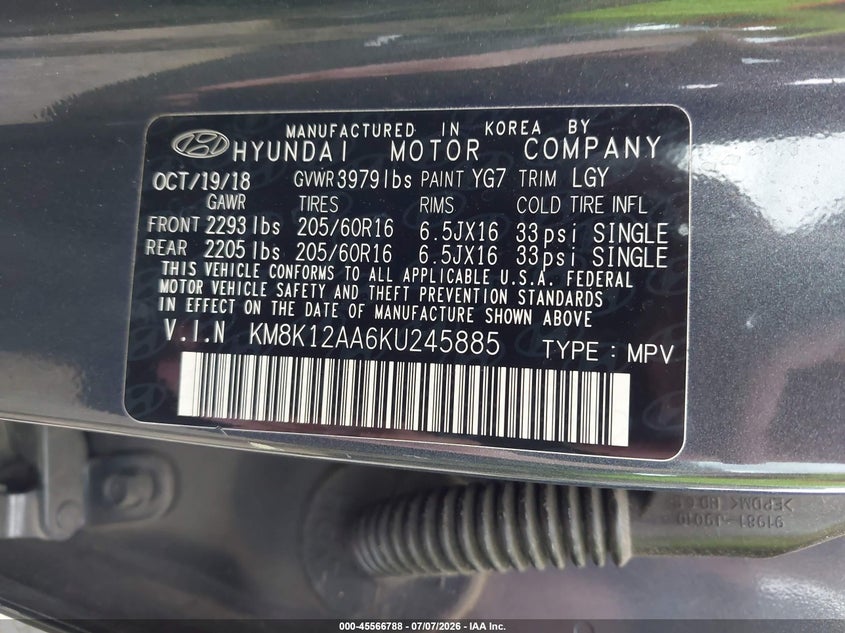 2019 Hyundai Kona VIN KM8K12AA6KU245885 IAAI salvage auction — NORMAL WEAR, Clear (Virginia), sold $3,250 on 2026-07-27 (photo 9)
