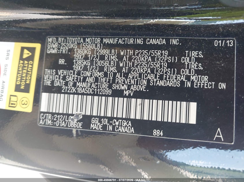 2013 Lexus Rx VIN 2T2ZK1BA5DC112099 IAAI salvage auction — FRONT END, Salvage (Georgia), sold $6,050 on 2026-10-07 (photo 9)