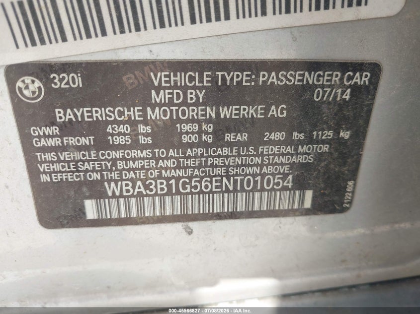 2014 BMW 3 series VIN WBA3B1G56ENT01054 IAAI salvage auction — ENGINE DAMAGE, Original (Texas), sold $900 on 2026-07-27 (photo 9)