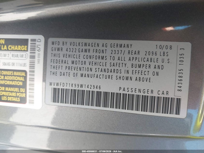 2009 Volkswagen Gti VIN WVWFD71K99W142946 IAAI salvage auction — NORMAL WEAR, Clear - Dealer Only (California), sold $700 on 2026-07-19 (photo 9)
