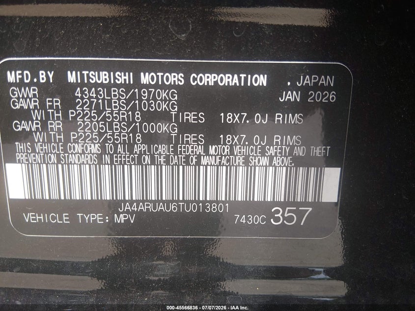 2026 Mitsubishi Outlander VIN JA4ARUAU6TU013801 IAAI salvage auction — FRONT END, Salvage Title, sold $10,100 on 2026-07-28 (photo 9)