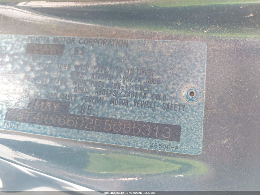 1985 Toyota Pickup VIN JT4RN66D2F5085313 IAAI salvage auction — NORMAL WEAR, Clear (Illinois), sold $1,800 on 2026-07-29 (photo 9)