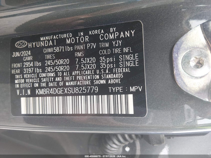 2025 Hyundai Palisade VIN KM8R4DGEXSU825779 IAAI salvage auction — UNKNOWN, Salvage Title, sold $11,200 on 2026-07-30 (photo 9)