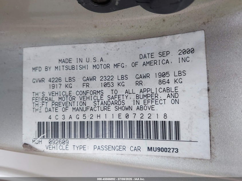 2001 Chrysler Sebring VIN 4C3AG52H11E072218 IAAI salvage auction — FRONT END, Clear (Virginia), sold $250 on 2026-08-01 (photo 9)