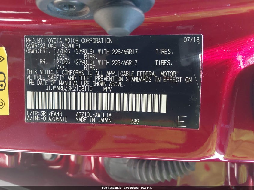 2019 Lexus Nx 300 VIN JTJYARBZ3K2128110 IAAI salvage auction — FRONT END, Salvage (California), sold $7,775 on 2026-07-15 (photo 9)