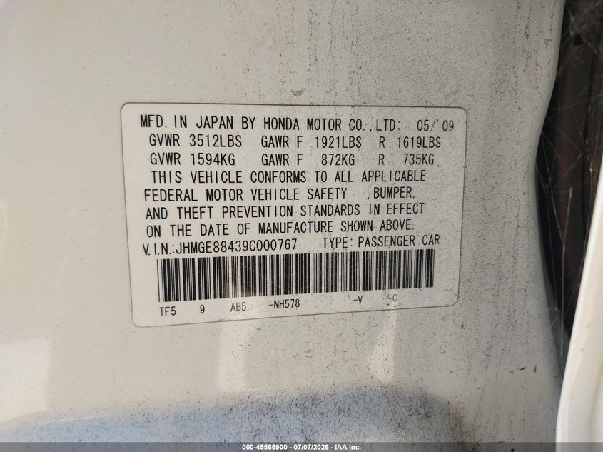 2009 Honda Fit VIN JHMGE88439C000767 IAAI salvage auction — NORMAL WEAR, Clear - Dealer Only (California), sold $2,600 on 2026-07-08 (photo 9)