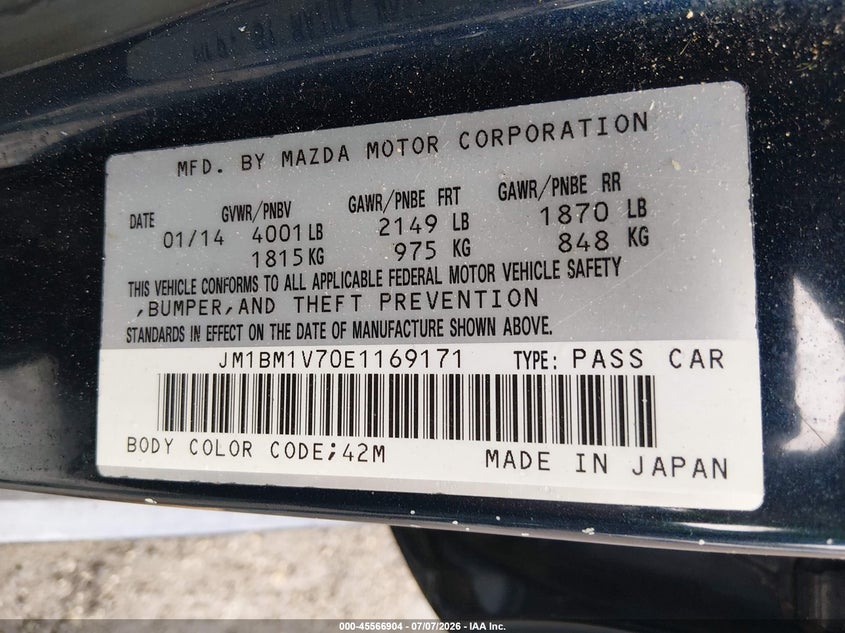 2014 Mazda 3 VIN JM1BM1V70E1169171 IAAI salvage auction — NORMAL WEAR, Clear (Maryland), sold $1,350 on 2026-07-15 (photo 9)
