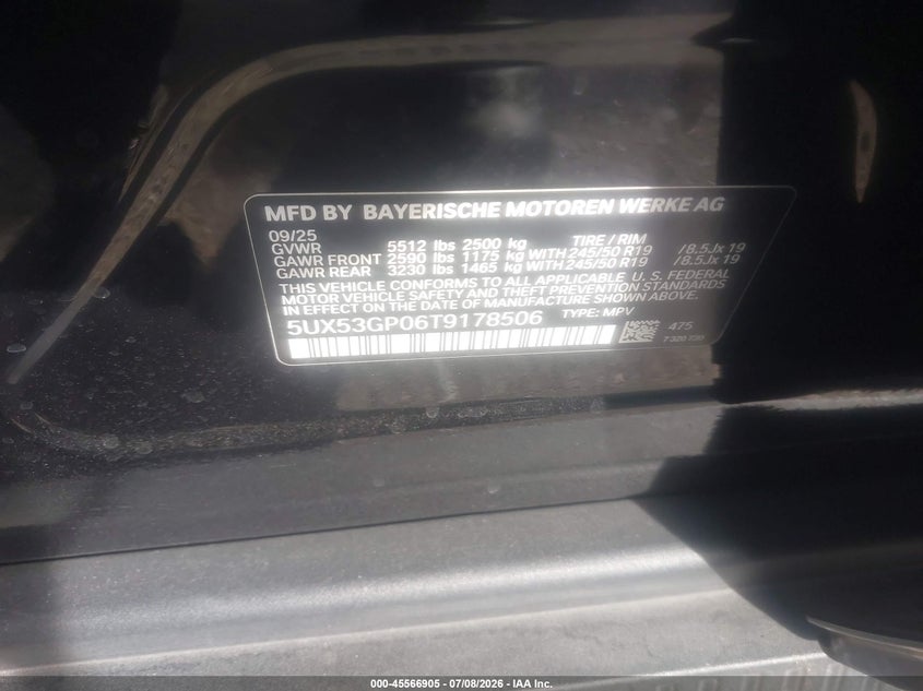 2026 BMW X3 VIN 5UX53GP06T9178506 IAAI salvage auction — SIDE, Enterprise Vehicles Clear Only (Colorado), sold $27,000 on 2026-07-14 (photo 9)