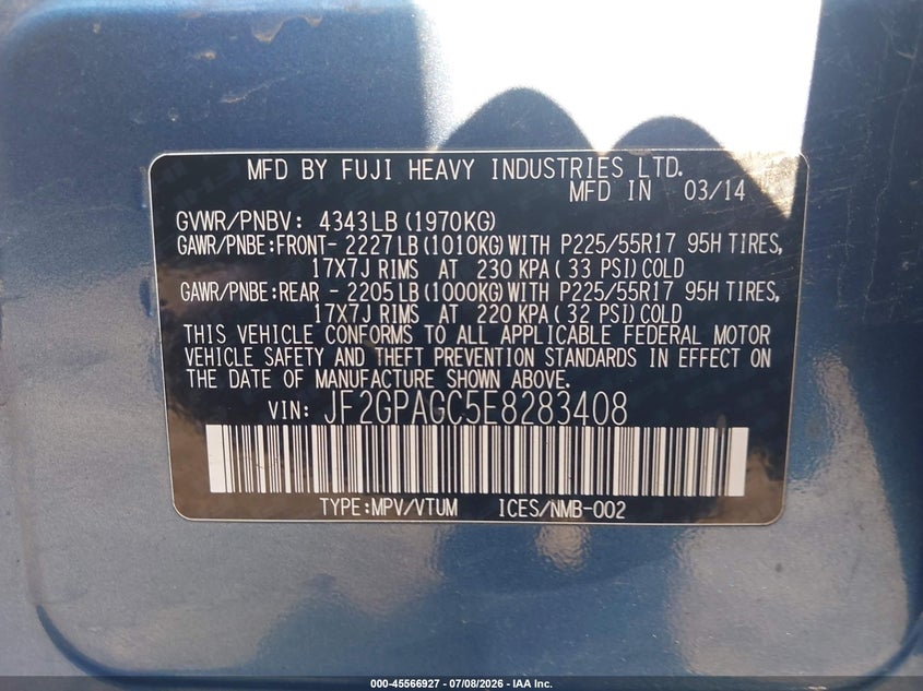 2014 Subaru Xv VIN JF2GPAGC5E8283408 IAAI salvage auction — FRONT END, Salvage Title, sold $1,250 on 2026-07-28 (photo 9)