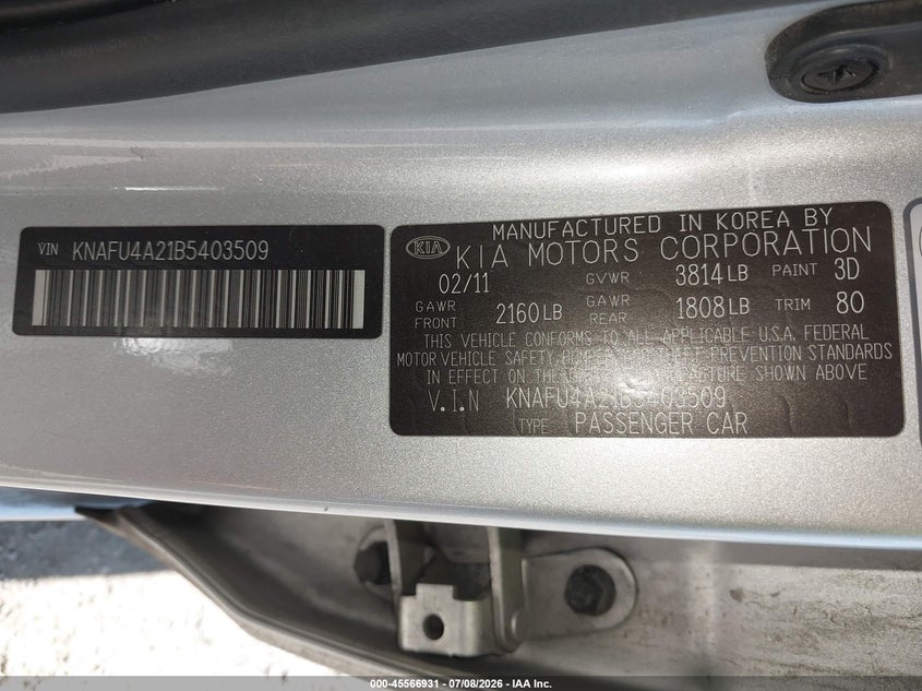2011 Kia Forte VIN KNAFU4A21B5403509 IAAI salvage auction — NORMAL WEAR, Clear (California), sold $425 on 2026-07-23 (photo 9)