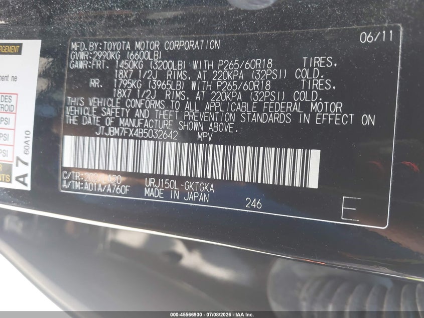 2011 Lexus Gx 460 VIN JTJBM7FX4B5032642 IAAI salvage auction — NORMAL WEAR, Clear-Dealer Only (North Carolina), sold $6,500 on 2026-07-27 (photo 9)