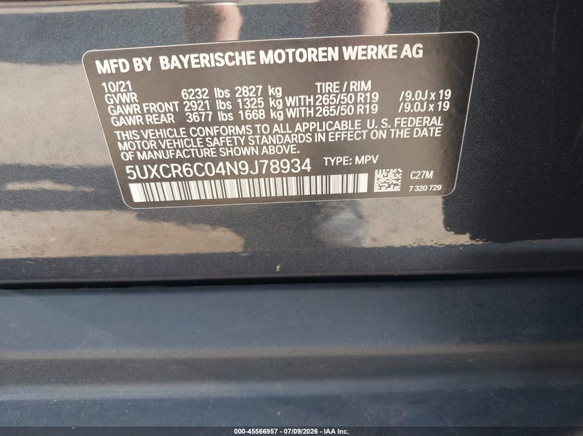 2022 BMW X5 VIN 5UXCR6C04N9J78934 IAAI salvage auction — RIGHT SIDE, Salvage (Ohio), sold $12,000 on 2026-08-23 (photo 9)