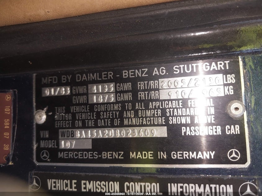 1983 Mercedes-benz 380 VIN WDBBA45A2DB023609 IAAI salvage auction — Burn Engine, Salvage (Virginia), sold $25 on 2026-07-30 (photo 9)
