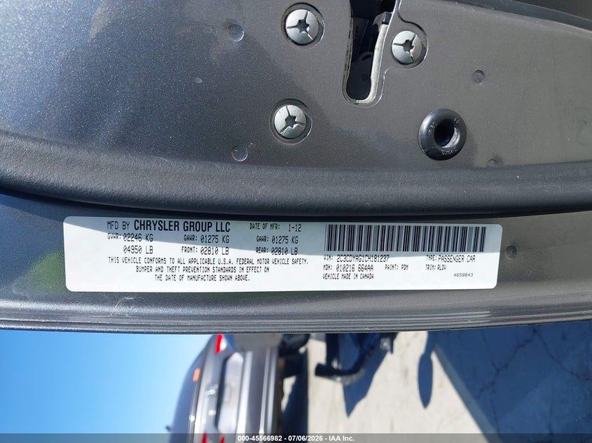 2012 Dodge Challenger VIN 2C3CDYAG1CH181237 IAAI salvage auction — FRONT & REAR, Salvage Title, sold $1,700 on 2026-07-22 (photo 9)