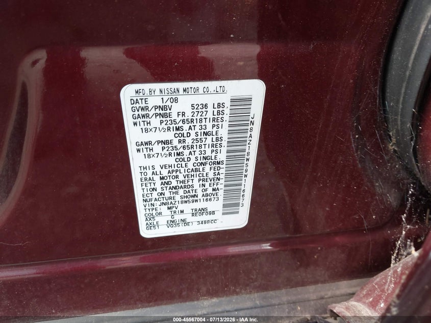 2009 Nissan Murano VIN JN8AZ18W59W116673 IAAI salvage auction — NORMAL WEAR, Clear (New Jersey), sold $400 on 2026-07-29 (photo 9)