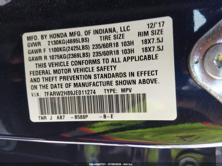 2018 Honda Cr-v VIN 7FARW2H89JE011274 IAAI salvage auction — HAIL, Clear (Wisconsin), sold $3,550 on 2026-07-30 (photo 9)