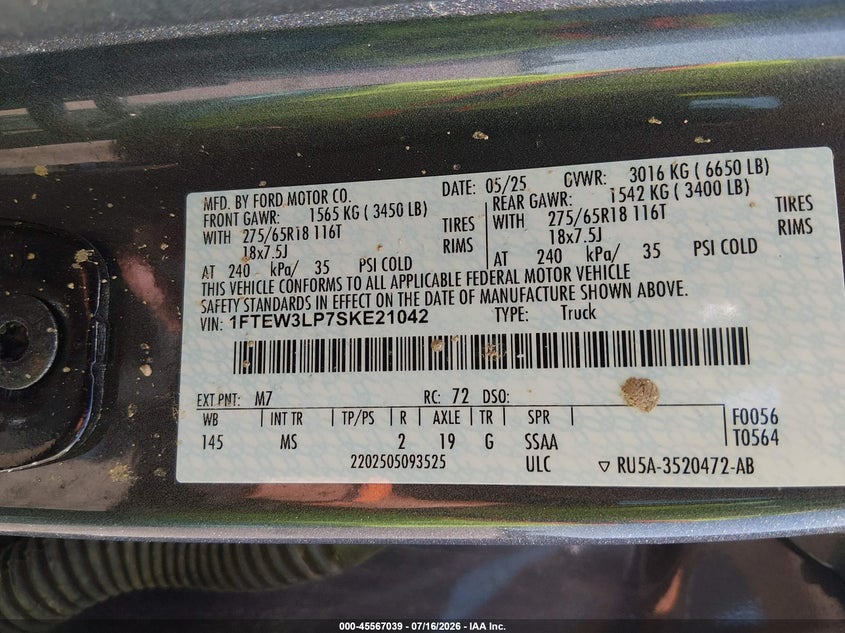 2025 Ford F-150 VIN 1FTEW3LP7SKE21042 IAAI salvage auction — FRONT END, Salvage Title, sold $25,050 on 2026-07-21 (photo 9)