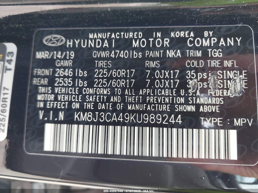 2019 Hyundai Tucson VIN KM8J3CA49KU989244 IAAI salvage auction — REAR END, Salvage Title, sold $3,250 on 2026-07-23 (photo 9)