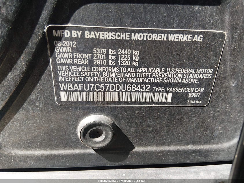 2013 BMW 5er VIN WBAFU7C57DDU68432 IAAI salvage auction — RIGHT FRONT, Salvage Title, sold $1,500 on 2026-07-31 (photo 9)