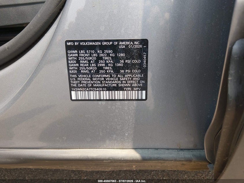 2026 Volkswagen Atlas VIN 1V2WN2CA7TC540510 IAAI salvage auction — LEFT FRONT, Salvage Title, sold $22,100 on 2026-07-21 (photo 9)