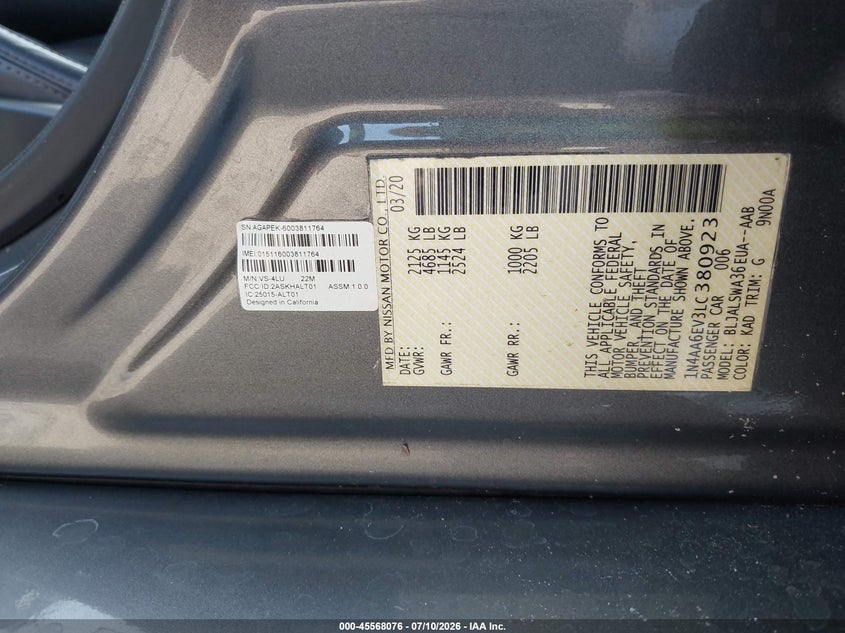2020 Nissan Maxima VIN 1N4AA6EV3LC380923 IAAI salvage auction — FRONT END, Salvage Title, sold $3,400 on 2026-09-10 (photo 9)