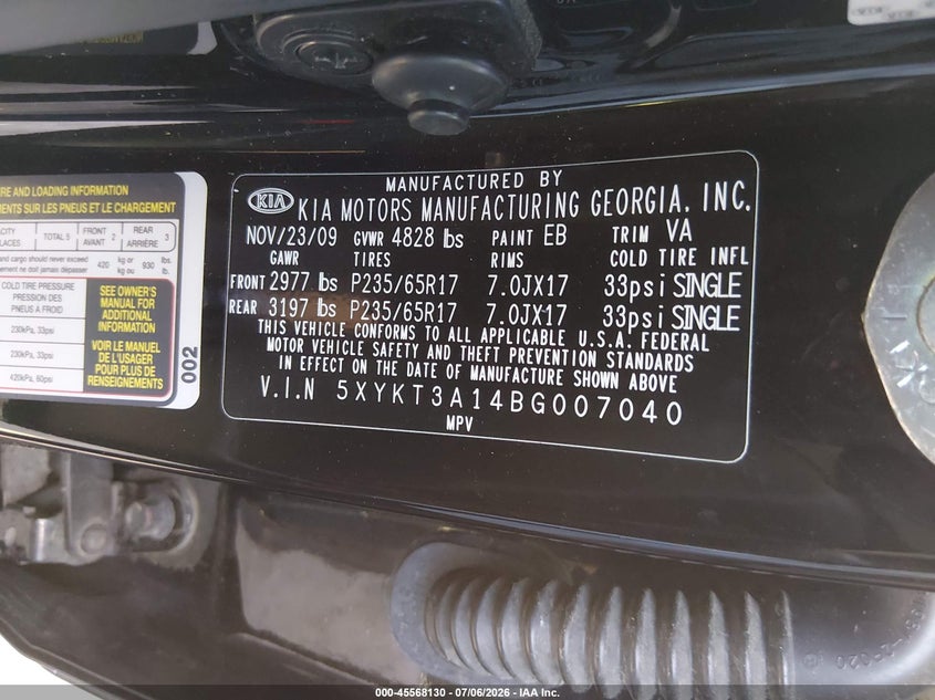 2011 Kia Sorento VIN 5XYKT3A14BG007040 IAAI salvage auction — NORMAL WEAR, Clear - Dealer Only (California), sold $750 on 2026-07-15 (photo 9)