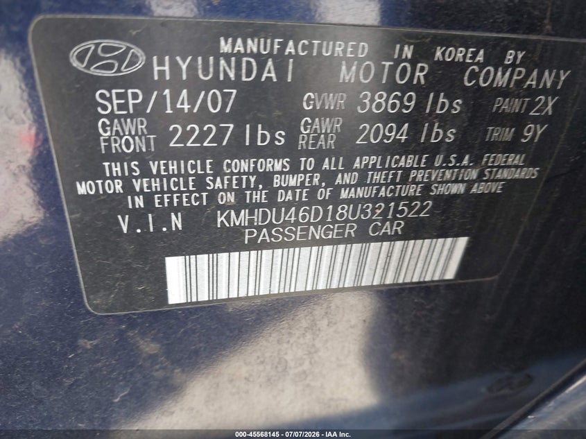 2008 Hyundai Elantra VIN KMHDU46D18U321522 IAAI salvage auction — NORMAL WEAR, Clear - Dealer Only (California), sold $850 on 2026-07-15 (photo 9)