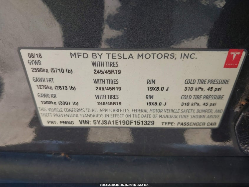 2016 Tesla Model s VIN 5YJSA1E19GF151329 IAAI salvage auction — UNKNOWN, Salvage (California), sold $8,500 on 2026-07-29 (photo 9)