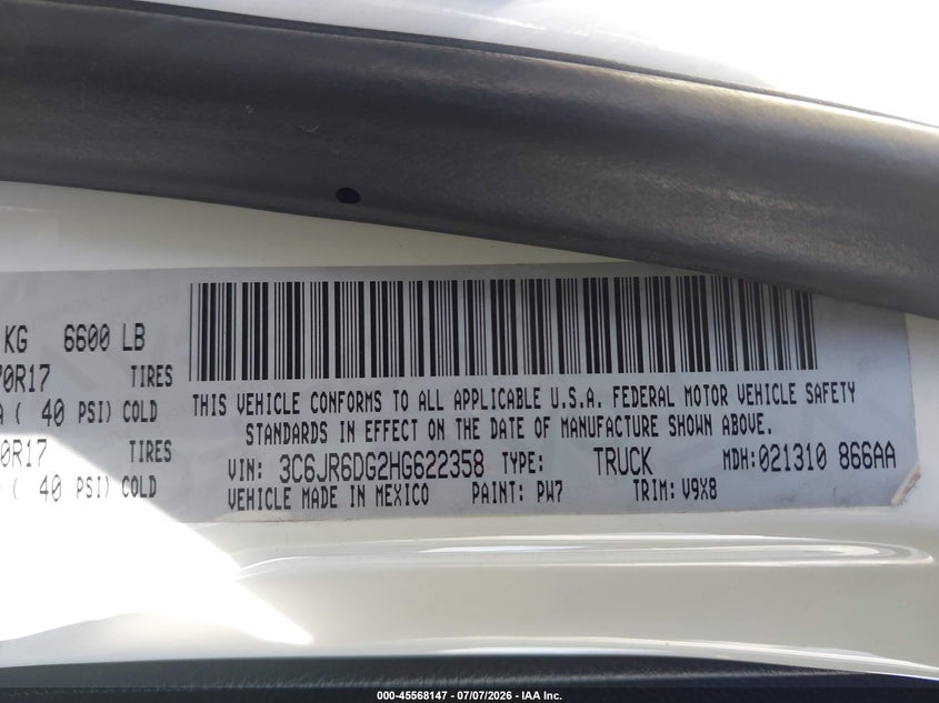 2017 Ram 1500 VIN 3C6JR6DG2HG622358 IAAI salvage auction — NORMAL WEAR, Clear - Dealer Only (California), sold $900 on 2026-07-09 (photo 9)
