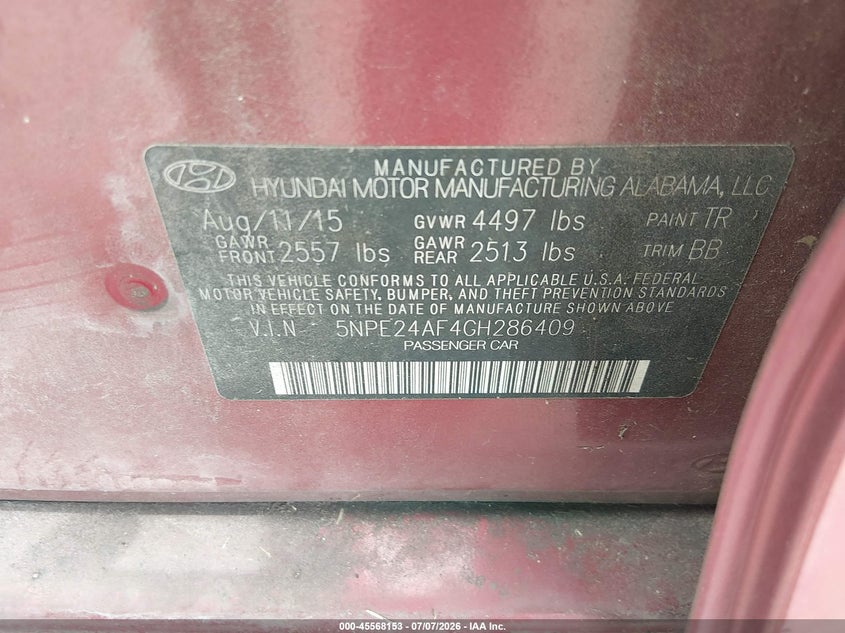 2016 Hyundai Sonata VIN 5NPE24AF4GH286409 IAAI salvage auction — NORMAL WEAR, Original (Texas), sold $675 on 2026-07-24 (photo 9)