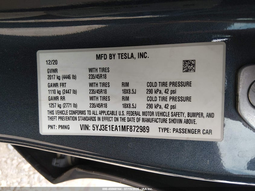 2021 Tesla Model 3 VIN 5YJ3E1EA1MF872989 IAAI salvage auction — RIGHT FRONT, Clear (Arkansas), sold $9,750 on 2026-09-03 (photo 9)