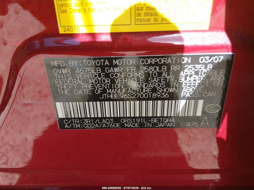 2007 Lexus Gs 350 VIN JTHBE96S270018936 IAAI salvage auction — FRONT & REAR, Salvage (Arizona), sold $1,500 on 2026-07-16 (photo 9)