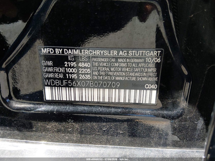 2007 Mercedes-benz E-class VIN WDBUF56X07B070709 IAAI salvage auction — NORMAL WEAR, Clear - Dealer Only (California), sold $375 on 2026-07-29 (photo 9)