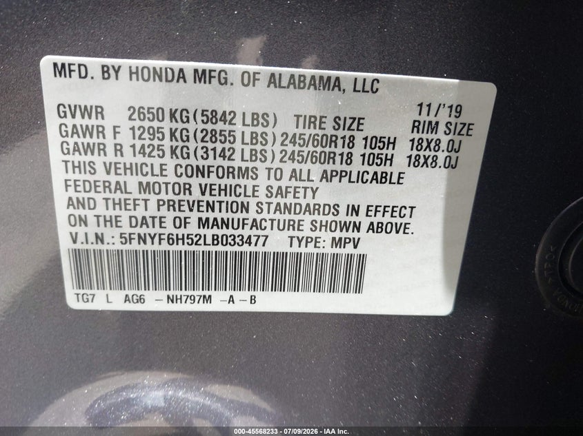 2020 Honda Pilot VIN 5FNYF6H52LB033477 IAAI salvage auction — SIDE, Wait Title, sold $9,600 on 2026-08-17 (photo 9)