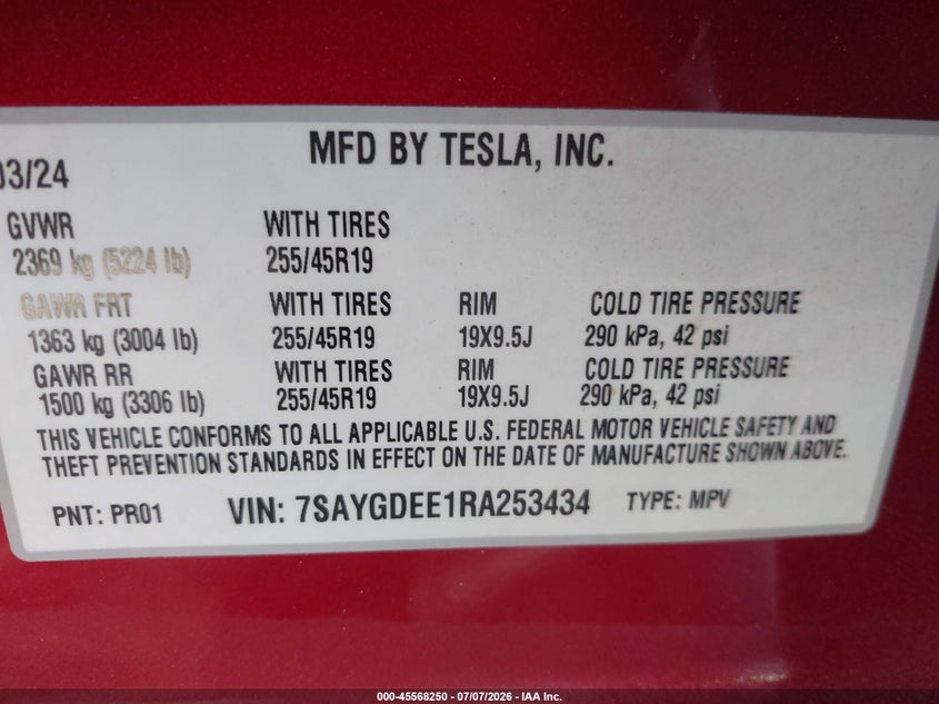 2024 Tesla Model y VIN 7SAYGDEE1RA253434 IAAI salvage auction — REAR END, Salvage (California), sold $11,750 on 2026-07-08 (photo 9)