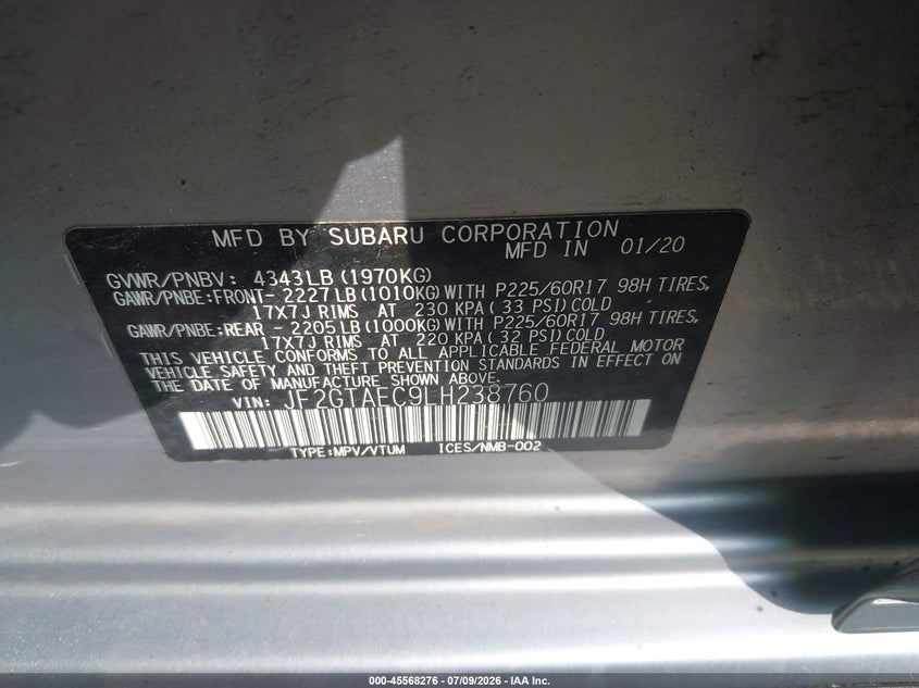 2020 Subaru Xv VIN JF2GTAEC9LH238760 IAAI salvage auction — REAR END, Salvage (Ohio), sold $25 on 2026-07-29 (photo 9)