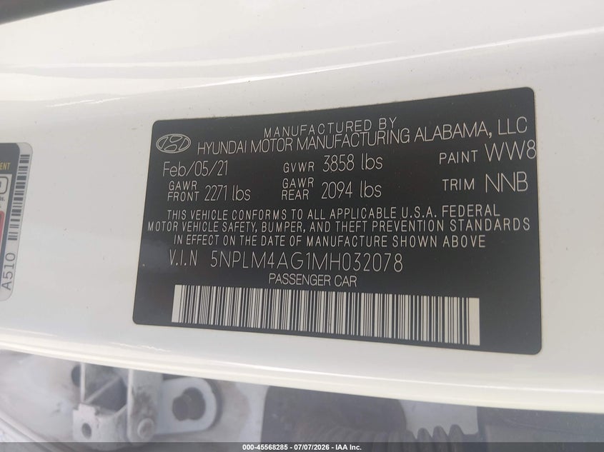 2021 Hyundai Elantra VIN 5NPLM4AG1MH032078 IAAI salvage auction — LEFT SIDE, Original (Texas), sold $5,350 on 2026-07-17 (photo 9)