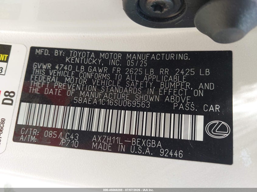 2025 Lexus Es 300h VIN 58AEA1C16SU069563 IAAI salvage auction — RIGHT FRONT, Salvage (California), sold $22,650 on 2026-07-24 (photo 9)